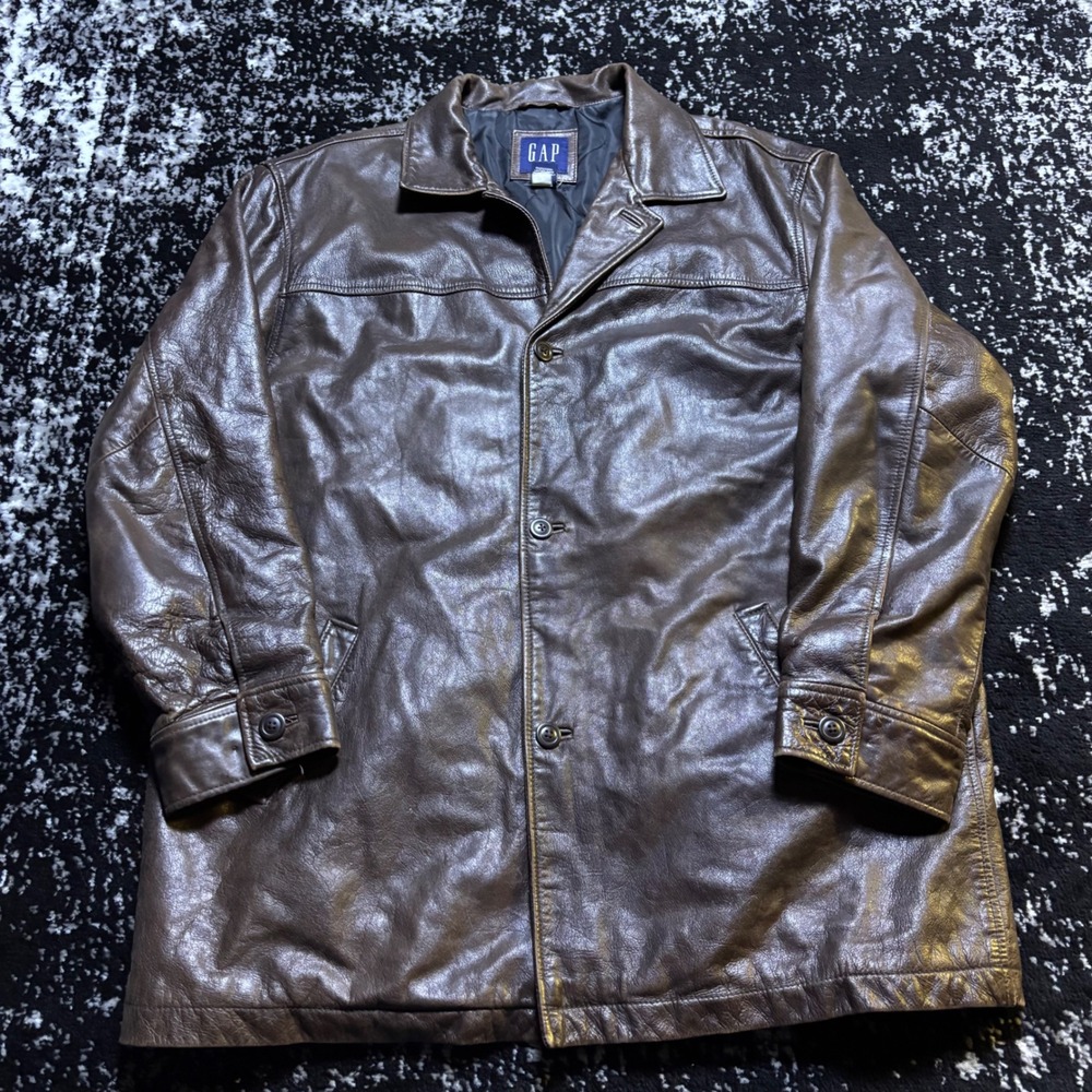 Gap Mens XL Brown Genuine Leather Car Coat Vintage Button Front Quilted Jacket